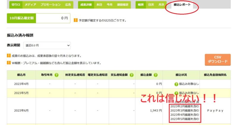 もしもアフィリエイト　振込レポート
